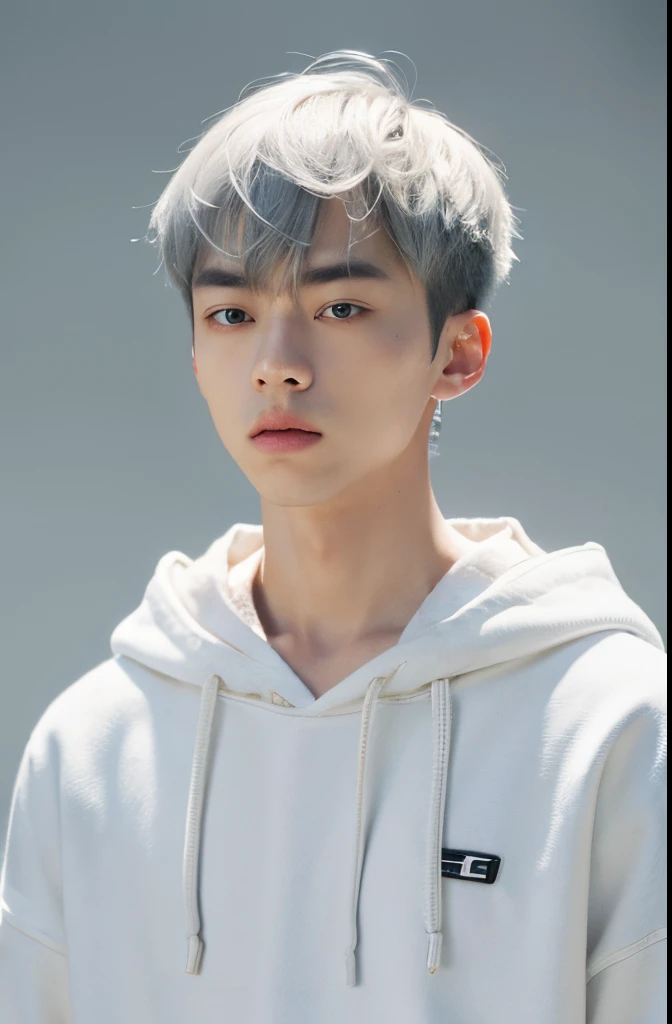 (8K, 16K, masutepiece, Raw photo, Highest Quality, Top resolution, Works of famous artists, ultra detailed photographic), (Front view, view straight on, Upper body photo, looking at the camera, All of the upper body is visible, wide shot, half body photo, from front), (gray background, Gray close to white), (Caucasian skin, Asian man with narrow eyes, Men with white hair, fair-skinned man, Similar to Masaki Suda, Similar to Big Bang g-dragon), (expressionless, neutral), (have a smart phone, Smartphone in right hand), (white Hoodie, Wear white clothing), (heavy bangs, mash hair, mushroom hair),