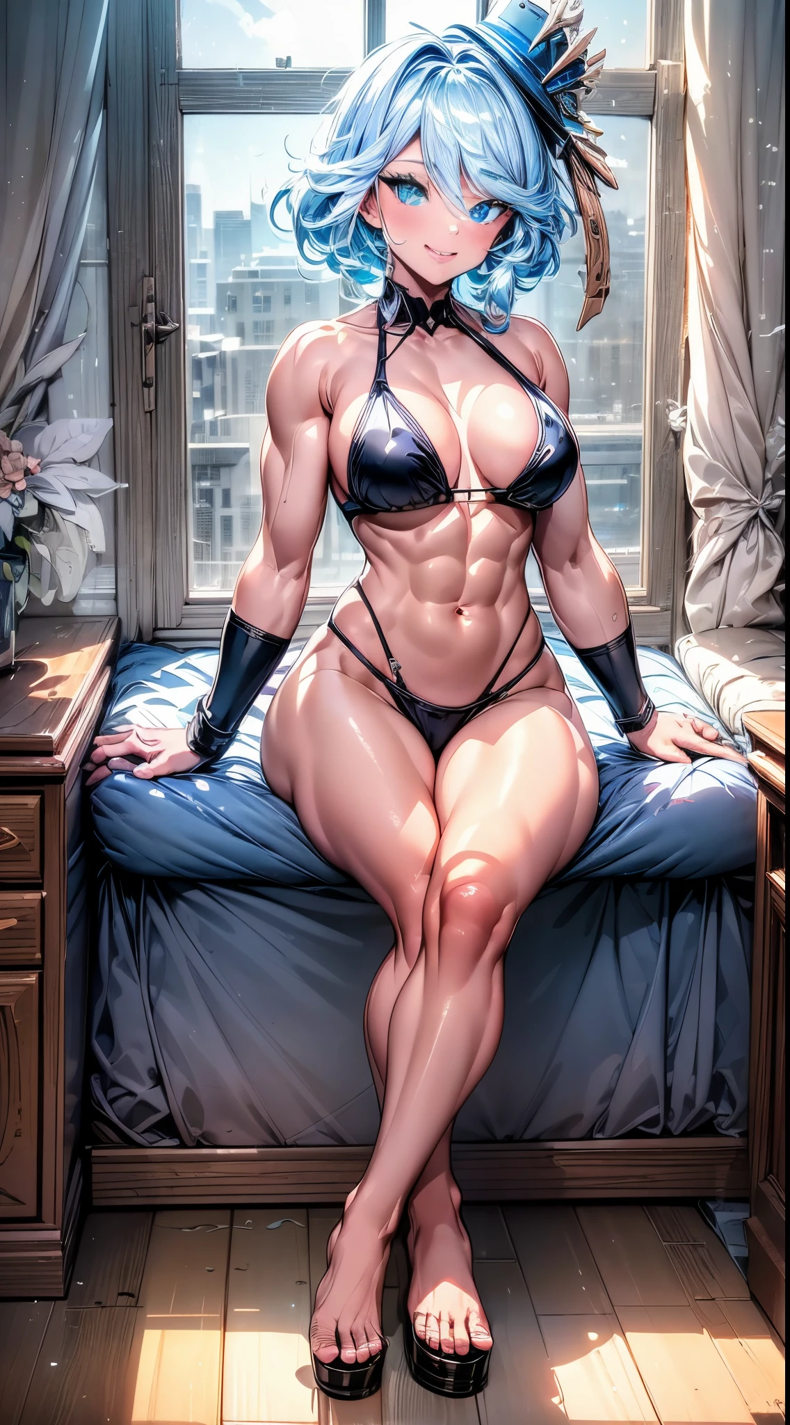 Furina from Genshin Impact, (1 adult girl), (in the motel room), blue painted nails, {{{very sexy thong bikini}}}, (((muscular legs))), thin, white skin, muscular belly, standing, dark blue high heel shoes, (full body photo), (short hair), {sitting on the chair sensually with legs crossed looking straight at me}, big breasts, eye reflection, elongated eyes , elongated eyes, (happy), anime, anime style, cinematic lighting, shine, JPEG artifacts, bright light, divine rays, ray tracing, panorama, canon, UHD, master piece, textured skin, Super Detail, High Details , best quality, very high resolution, 16k
