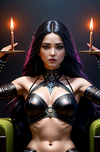 prince of darkness dancing with a beautiful sultry female, that's glowing in the darkness, temple of love in an ancient futuristic civilizations, neon colors, high detail, long shot, wide shot, 4K, 3D, REALISTIC, (iridescent glow smoke), UHD, 32K, very bold neon colors, black light, neon light