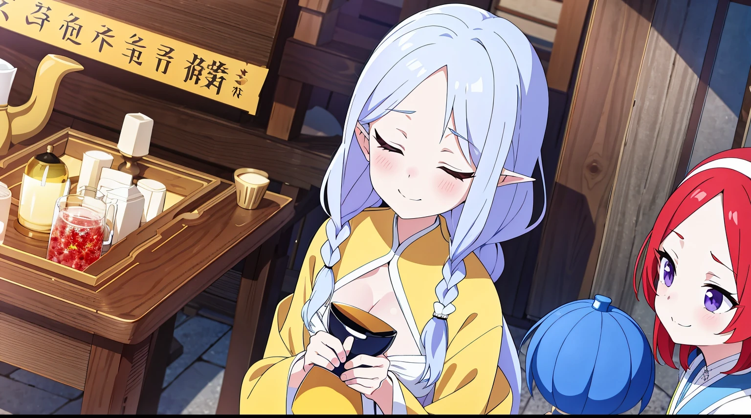 （（tmasterpiece：1.4, Best quality））+, （hyper-detailing）+, （Close her eyes：1.5）+, Blind girl，（Meticulous ears：1.5）, （Cute girls）, （shrine maiden clothe：1.5）, Long hair details, Long braids on both sides, （wariza：1.2）, pale-skinned, （Yellow cloth：1.5）, （black long pants：1.4）, wine jugs, fresh flowers, lute,fish flocks，old castle,hang out, （shrine maiden：1.1）, （dawn light：1.2）, ）, （closeup cleavage：1.1）, (elevation:1.3), forehead jewel, Colored inner hair, Striped hair, Sad smile,  gem branch, redheadwear, first person perspective，the only person，looking-down