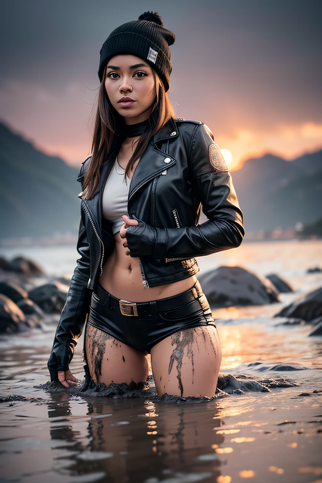 (Liquid Mud:1.3),A woman is drowning, Standing up to the hips, Worn leather biker jacket with signs of wear on the sleeves and collar.......
Everything is getting dark, Liquid Mud, which flows and sticks to women&#39;Skin. Beanie goes with black and dark sunsets......., and a woman&#39;His white skin looks almost lifeless against this dystopian landscape..............