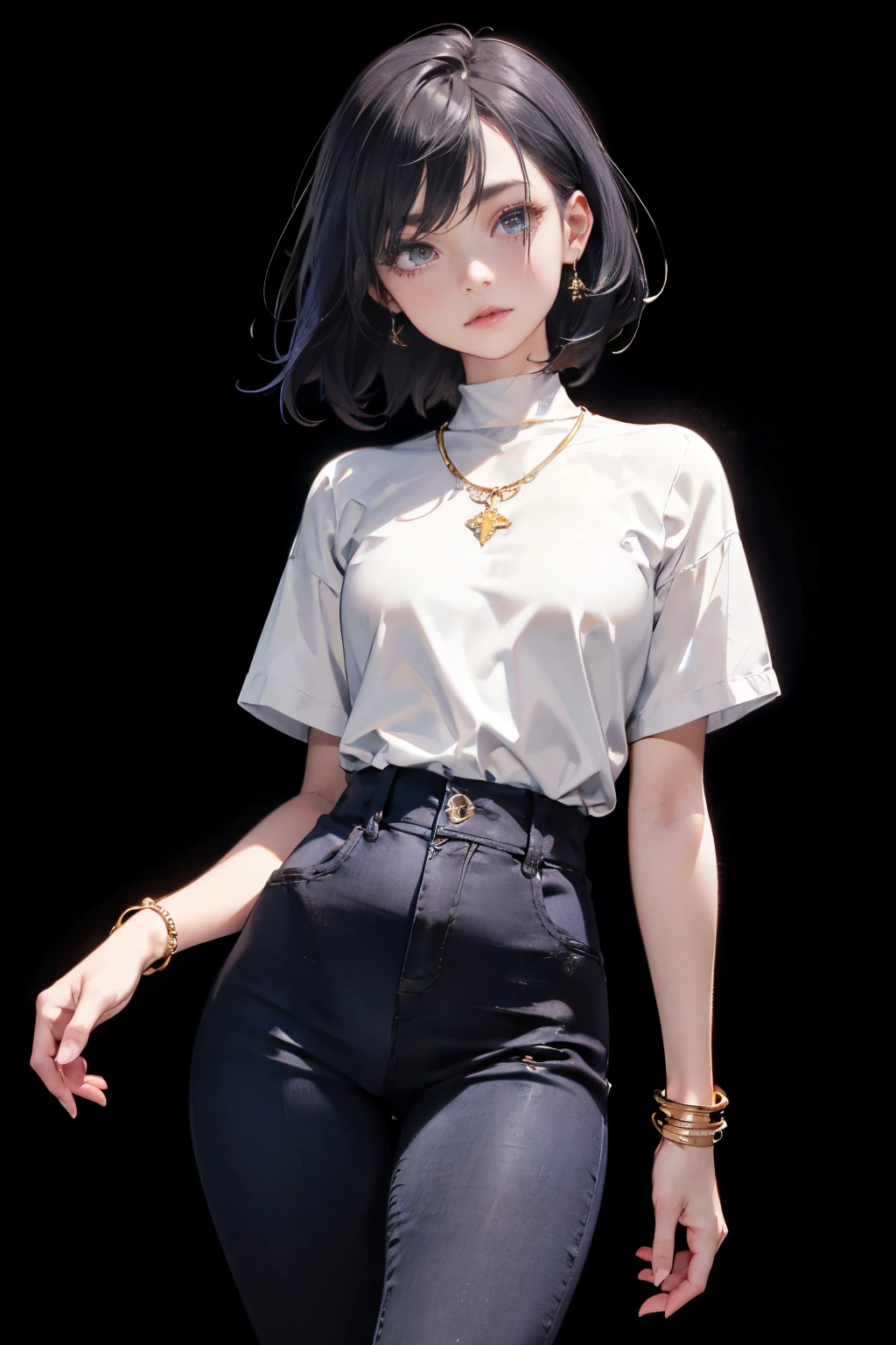 a 20 yo woman、Black blue Hair、poneyTail、(hi-top fade:1.3)、dark themed、Muted Tones、Subdued Color、highly contrast、(natural skin textures、Hyper-Realism、Soft light、sharp)、makeup, mascara, Lips are subdued or colors, simple black background, Minimalism, monotone, simple color palettes, Clean, sharp designs, flowing silhouettes, Tight skirts and pants, high-waisted skirts and pants, simple dresses, shirts and blouses, asymmetrical, geometric, Elegant and luxurious materials and designs, Simple, minimal accessories, Slim necklaces and rings in silver or gold, Simple bangles, Distinctive designs, simple silhouettes, simple and sophisticated style, elegance, minimalism, high quality materials, cool and urban impression, high fashion, simplicity and sophistication,