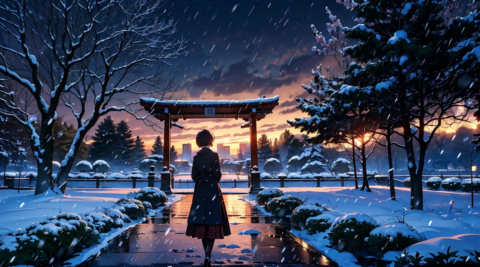 ((masterpiece)), ((top-quality)), (hight resolution), (extremely detailed CG unified 8k wallpaper),(Near and far law),(beautiful night scene:1.4),(projected inset),(((very dark background))),depth of field,(Midnight:1.4),midwinter,(cloudy ash sky:1.2),(Detailed Shinjuku Gyoen National Garden), (In the midst of falling snow:1.4),(from behind),((Chilling Wind)),(Large snow:1.4),((Wear a long coat)),(Standing in the detailed Shinjuku Gyoen National Garden 1.4),TOKYOcty,Shinjuku,Shinkai Makoto style,(Garden of Words:1.3),(Loud shouting gesture:1.4),((Put your hands on your chest)),Black pantyhose,((Detailed distant cityscape)),Residential area,condominium,apartament,looking at the city,serene ambiance.(Pixie Cut),Hair in the ears,Profile of the character,1 cute high school girl,(large full breasts:1.2),Cute Uniform,Long skirt with red plaid pattern,sleeveless,Photorealsitic,Background Focus,Panoramic shooting,f/2.8,35m,Beautiful lighting,光线追踪
