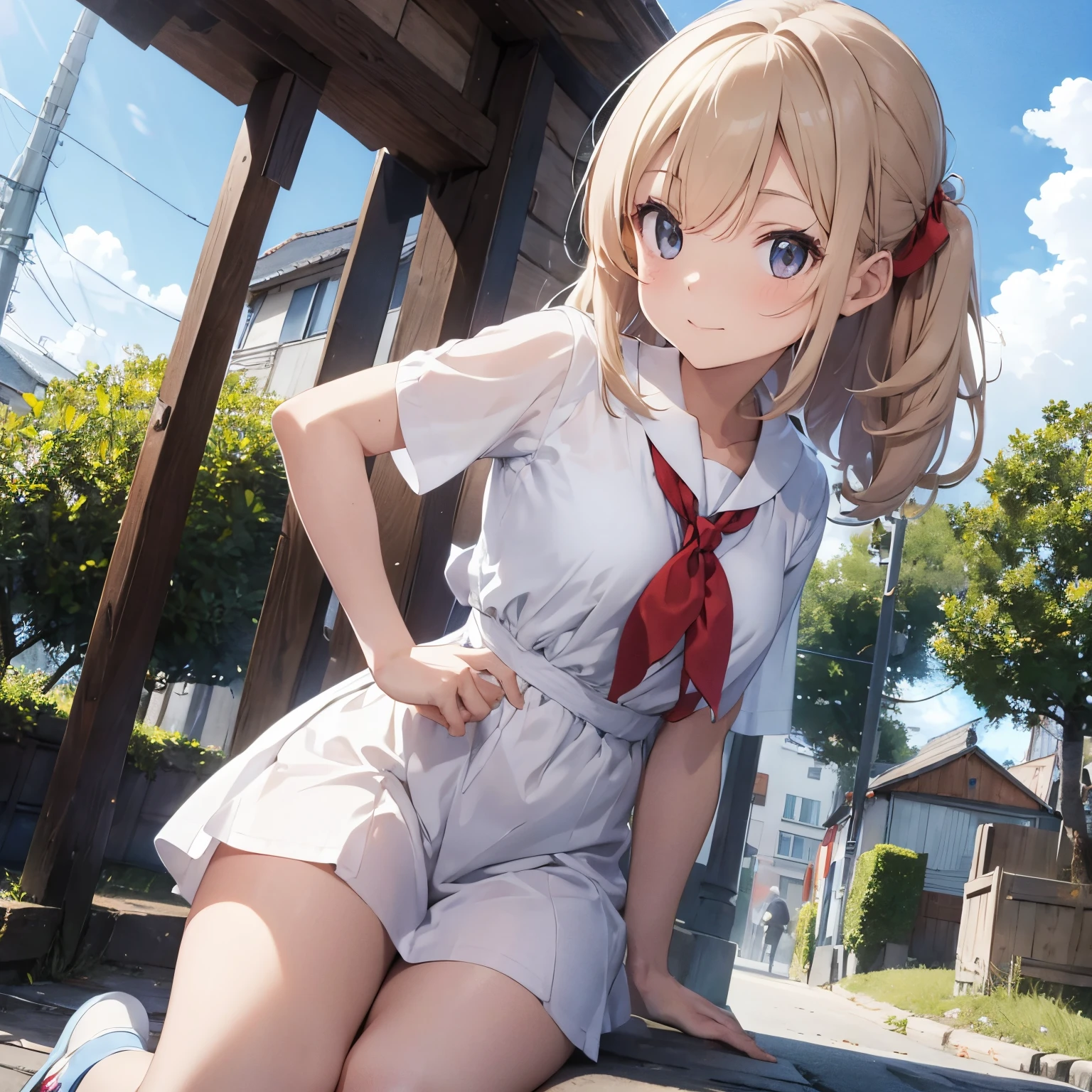 1girl in、A smile、The shirt、skirt by the、（small tits）Chilarism、Japan High School Student Uniform、serafuku、summer clothing、Run briskly、（Sheer Bra）、Upper body portrait、blonde  hair、Squatting panchira、