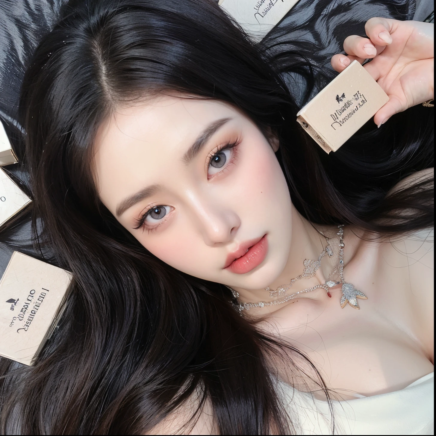 there a woman lying on a leather rug with many labels, maquillaje popular de Corea del Sur, pale porcelain white skin, pale snow white skin, dilraba dilmurat, maquillaje coreano popular, Porcelana piel blanca, Hermosa Delphine, Labios claros y de alta calidad, porcelain pale skin, Ava Max, pale milky white porcelain skin, pale ivory skin, maquillaje