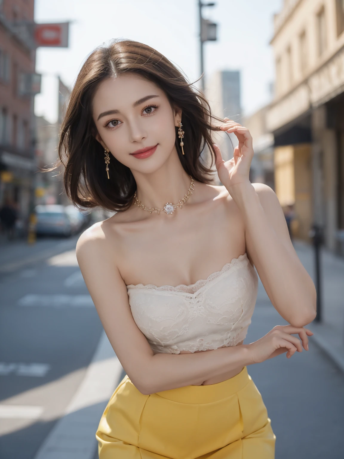 8k, RAW photos, best quality, tmasterpiece:1.2), (realistic, photograph realistic:1.37), masterpiece, best quality, High detail, Best image quality, super detailed, high resolution, Very detailed, Best quality, Extreme detail description, hyperdetailed painting, An extremely delicate and beautiful work, Beautiful detailed girl, hazy beauty, very detailed facial, delicate face, detailed skin structure, fair skin, perfect anatomy, perfect body, Beautiful detailed whole body, exquisite body, fine collar bone, lovely lips, Behind the softness, adorable, ((slim waist)), big breasts, big breasts beautiful, big breasts enchanting, (Beautiful detailed eyes, seductive look, soulful eyes, reality eyes, beautiful and clear eyes, dark color hair, layered hair, ((smile:1.2)), Enchanted expression, (erotic pose:1.3), An extremely detailed and elegant staff outfit, collared yellow shirt, Tight yellow shirt, Formal black skirt, head gear, highly detailed, delicate necklace, Delicate earrings, Simple blurred background, Large street, view over city, Lighting that emphasizes beautiful skin, physically-based rendering, ((the body from the thighs up)), looking at viewer