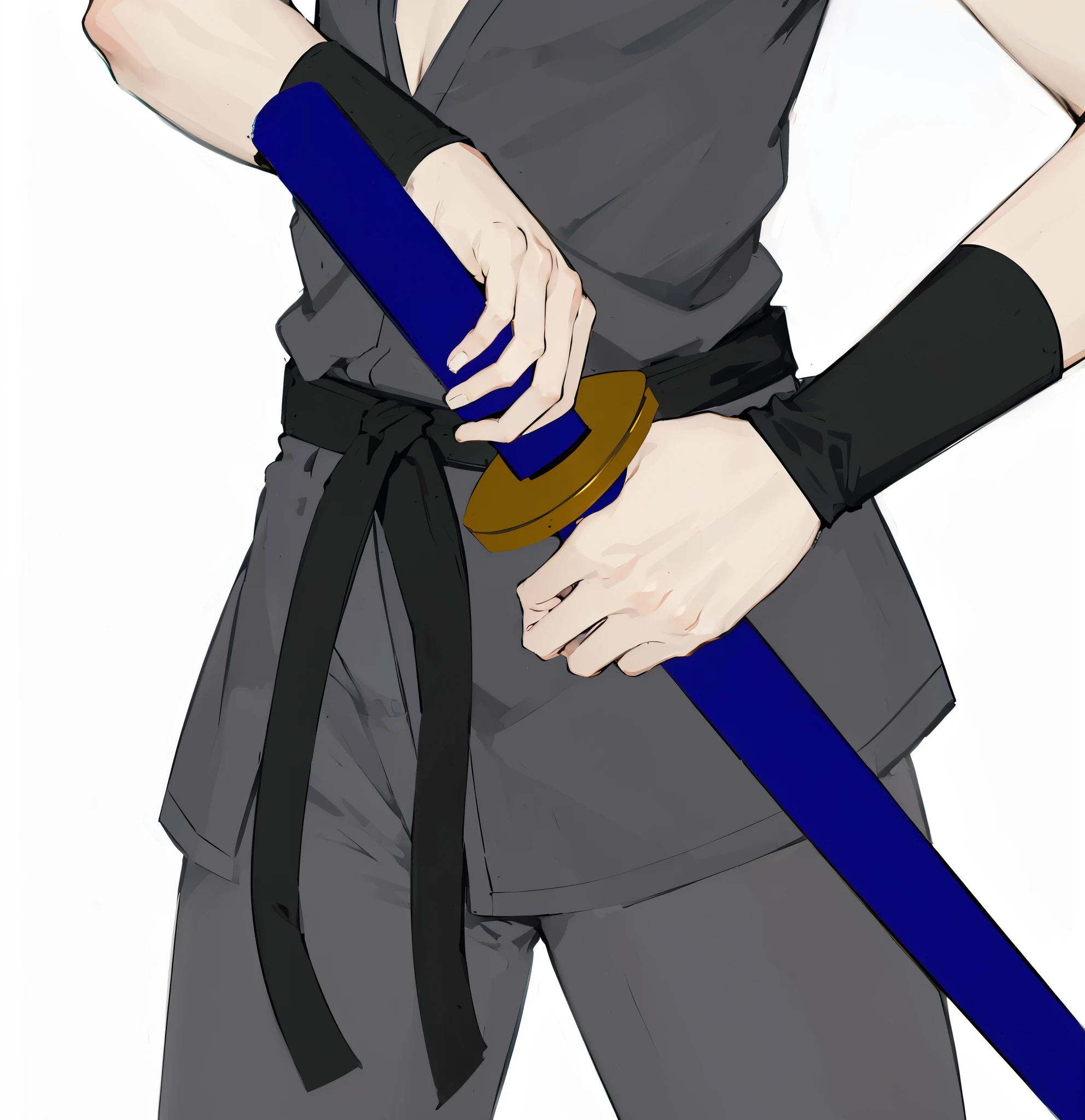 Anime man in black uniform with karate belt holding blue covered katana