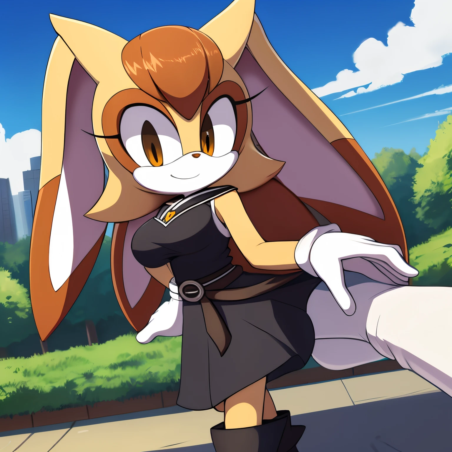 Female, Mobian, Rabbit, Cream the Rabbit, sonic the hedgehog \(series\), rabbit girl, ((solo)), ((1girl)), ((hairstyles similar to Vanilla but is large and long hair bangs)), (eyes open), smile, young adult, average sized breasts, hair on top of shoulders, long hair, blue anime styled scarf, white athletic dress with black trim, blue sash belt, short black tights, knee length tights, black boots, white gloves, black arm warmers/arm sleeves, (((2D Anime Style))), walking, bent legs, park background, daytime