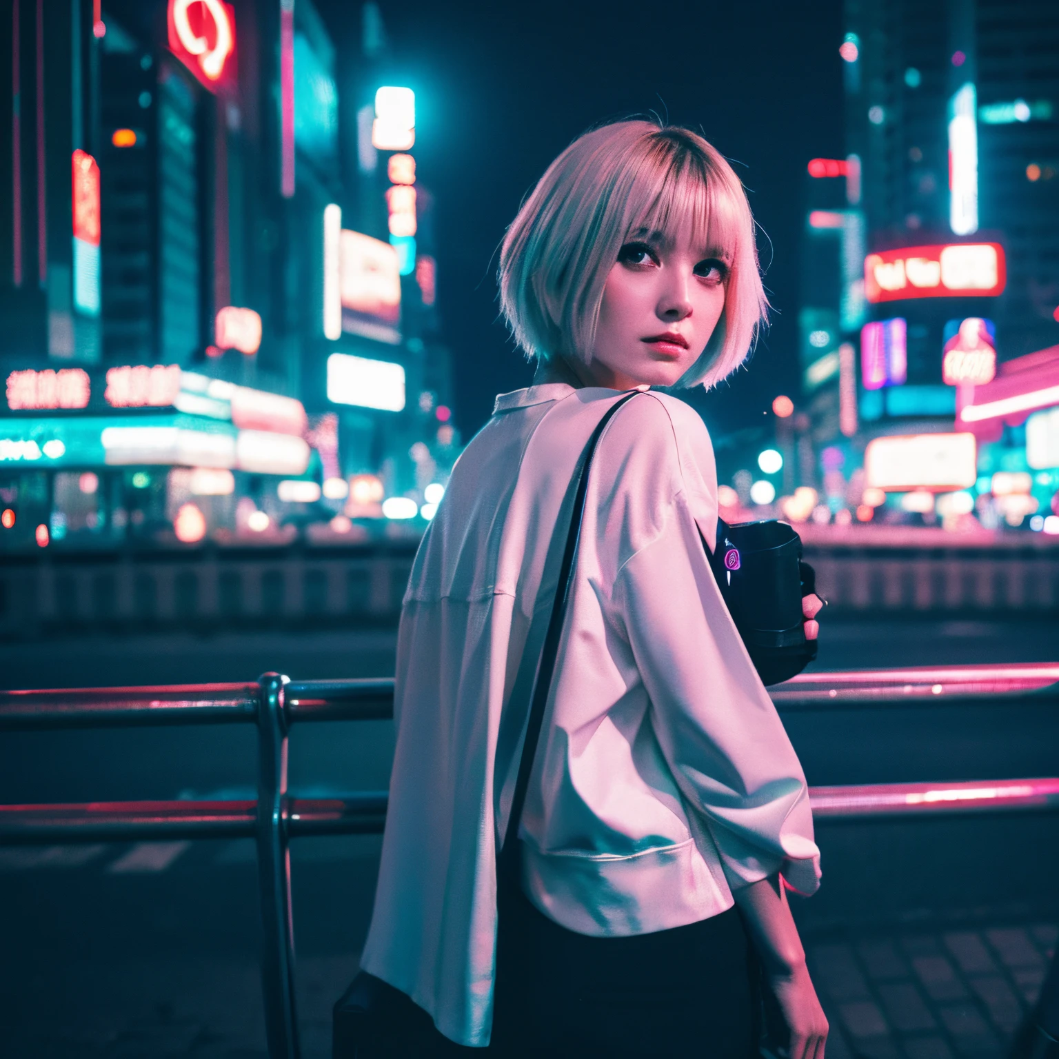 white woman short hair night city cyberpunk