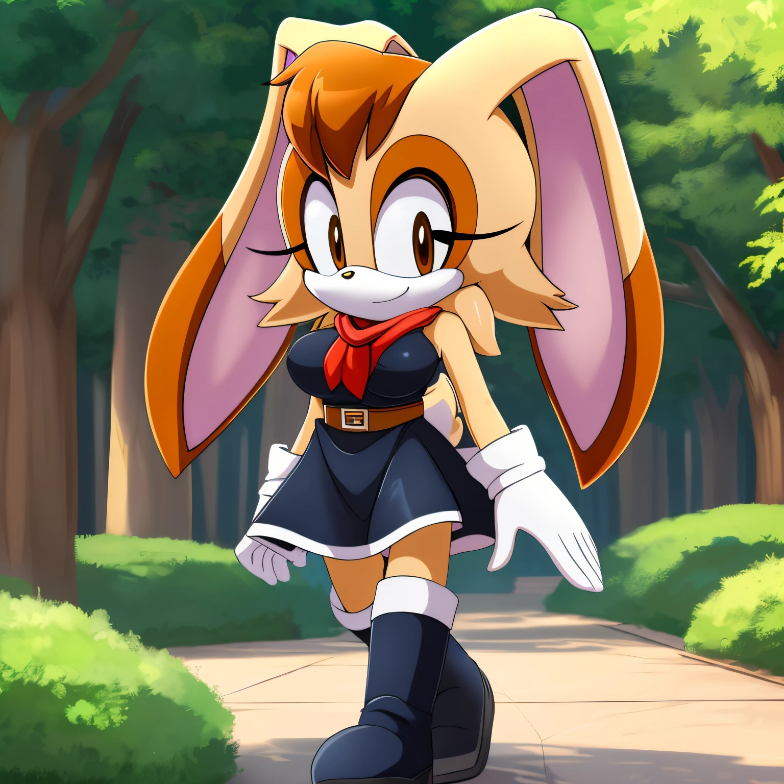 Female, Mobian, Rabbit, Cream the Rabbit, sonic the hedgehog \(series\), rabbit girl, ((solo)), ((1girl)), ((hairstyles similar to Vanilla but is large and long hair bangs)), (eyes open), smile, young adult, average sized breasts, hair on top of shoulders, long hair, blue anime styled scarf, white athletic dress with black trim, blue sash belt, short black tights, knee length tights, black boots, white gloves, black arm warmers/arm sleeves, (((2D Anime Style))), walking, bent legs, park background, daytime