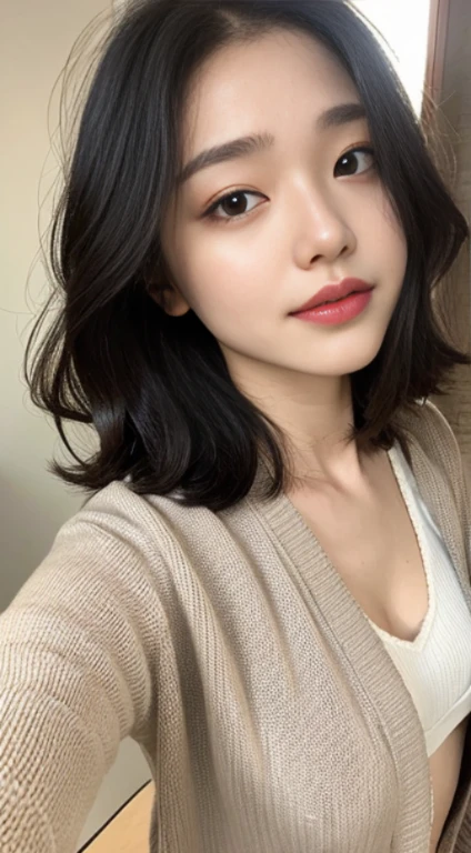 A woman with the same face as last time，Slender Abs、Loose wavy styling、Cardigan、Beautifully expressed in every detail.,please look back、 Including face and skin texture.，Detailed eyes，Seducting look、full body Esbian