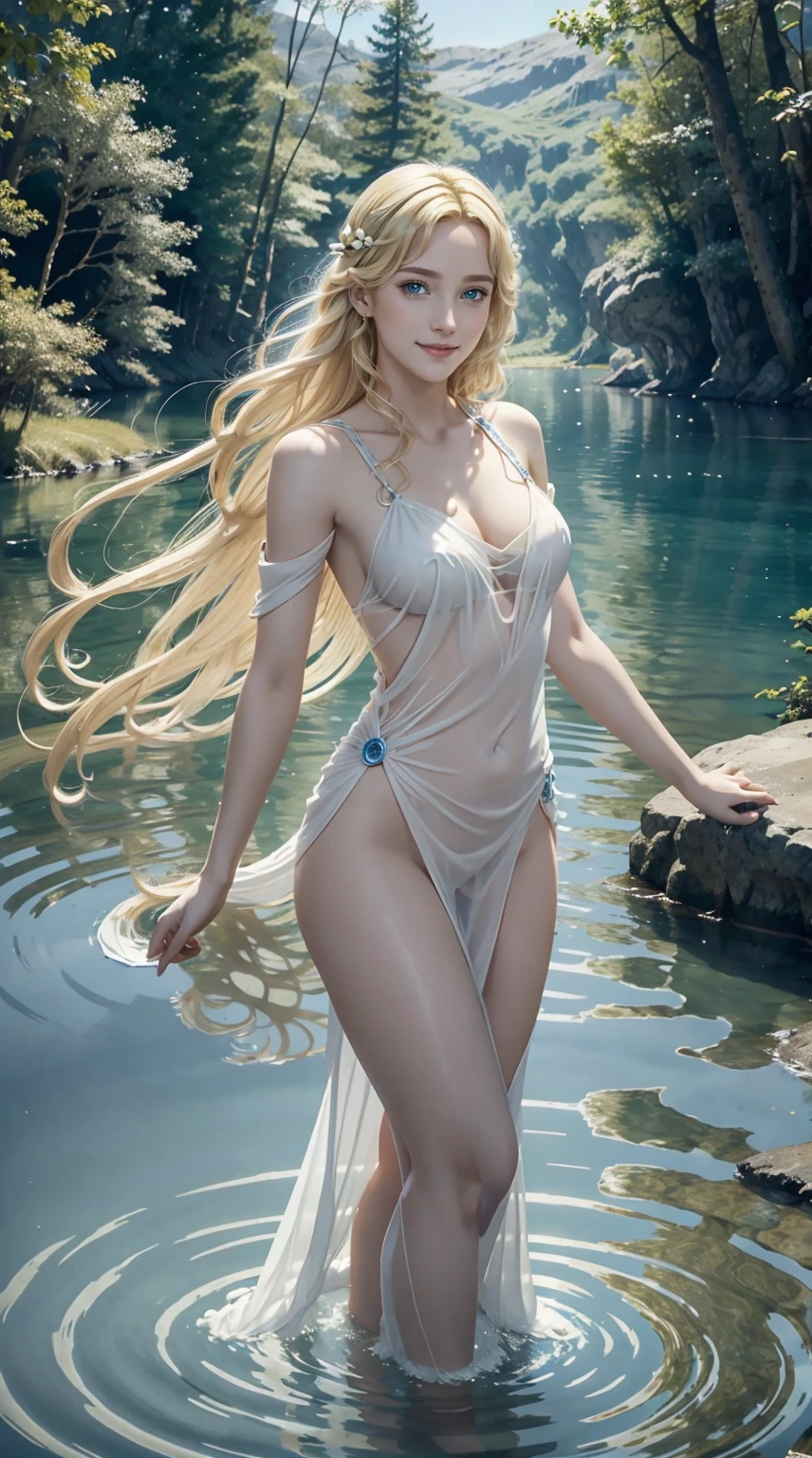 There is a Greek goddess Aphrodite.、hair is blonde、Have blue eyes、Wearing transparent cloth、There is a lake in the forest、Aphrodite is floating slightly above the surface of the lake.、Ripples are spreading on the water surface centered around her.、a smile、I open my arms as if to accept everything.