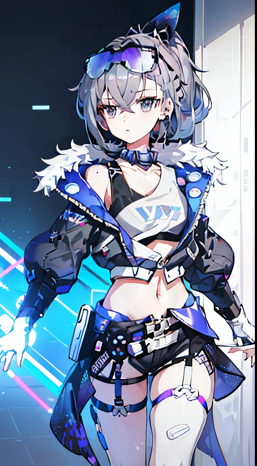 Young girl, short gray hair, gray eyes, high ponytail, cyberpunk, white top, open belly, shorts, furcoat, masterpiece, high quality, SilverWolf