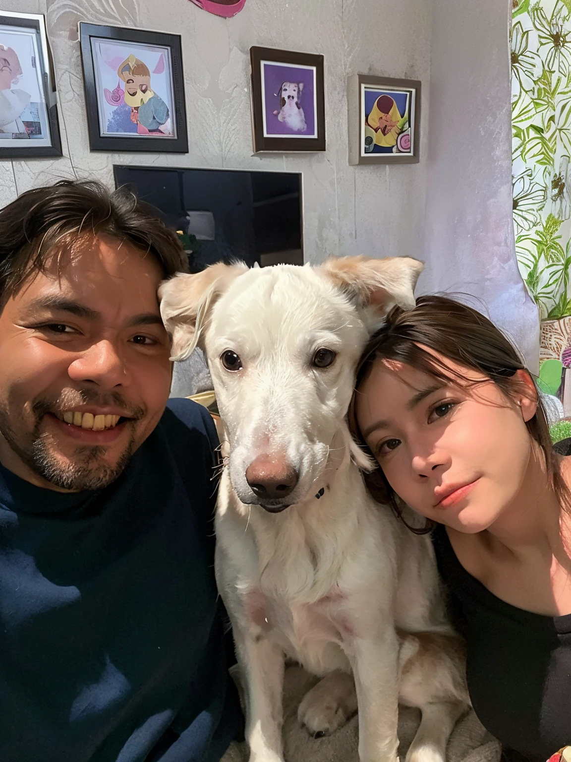 there are two people and a dog posing for a picture, with dogs, with stray dogs, facebook post, from 8 k matte, commissioned, john picacio and brom, family portrait, reddit post, detailed!, selfie of a dog, discovered photo, family photo, albino, profile picture, with a white muzzle, aww, with ivy, pets, profile image