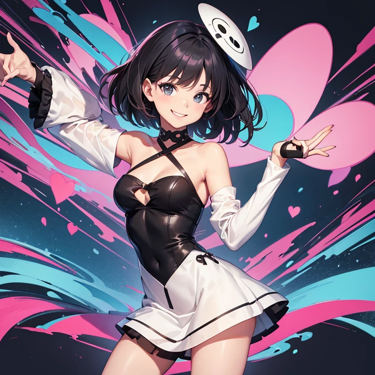 A 25 year's old girl wearing Strappy Sleeves Abstract Short Dress, smiling face looking at viewer