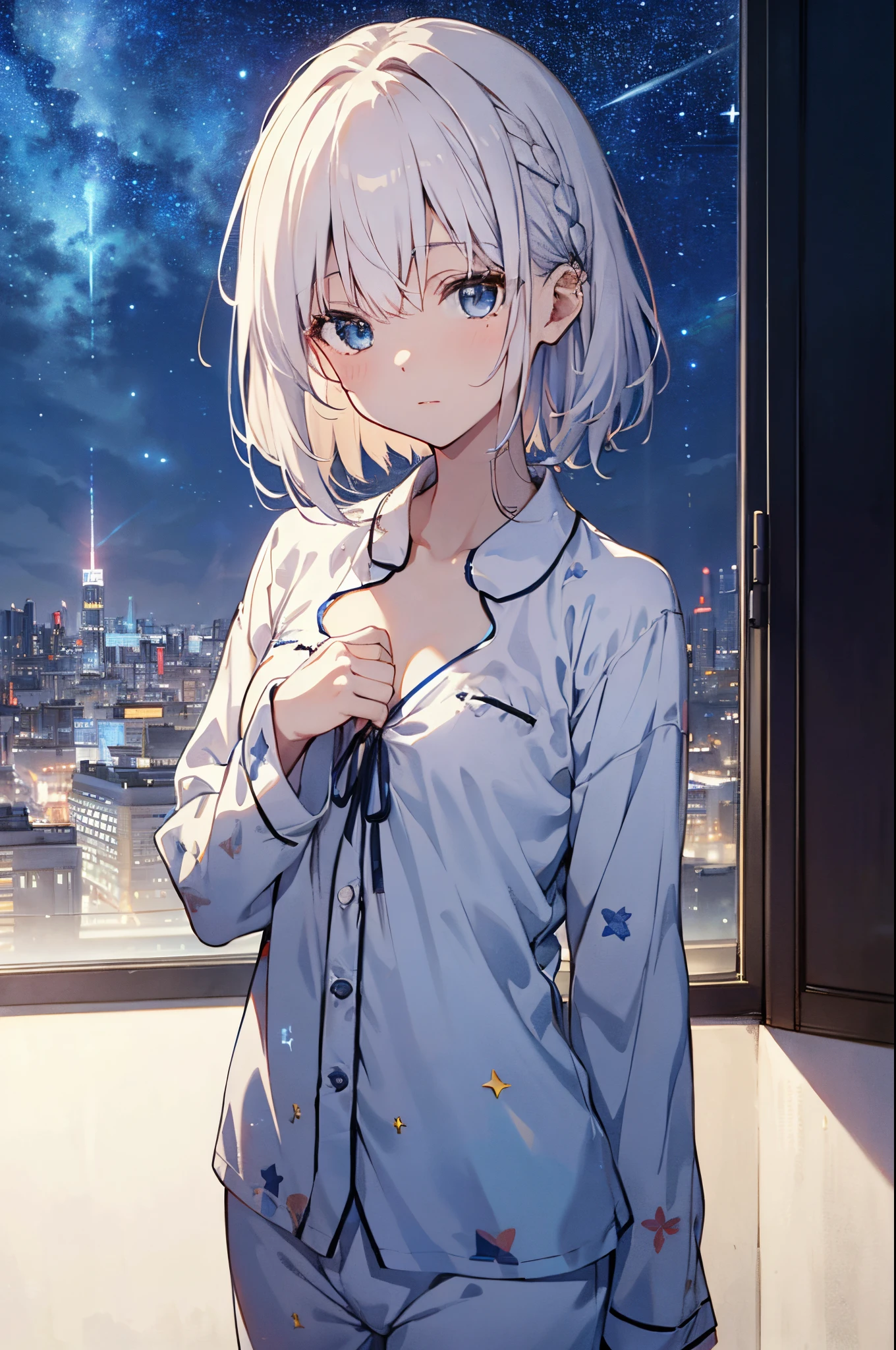 (Girl with a nasty appearance:1.3)、(Daytime:1.5)、(and chest:1.4)、Raw photography, top-quality, hight resolution, (masterpiece), (Photorealsitic:1.4), (Mole under the eyes),Anime , foco nítido, nffsw, 8K分辨率, intricate detailes, depth of fields, the Extremely Detailed CG Unity 8K Wallpapers, front lit, femele,25-years old、 Sleepy face,(tying hair:1.5)、see -through、(Medium White Hair)、blue eyess,(Starry sky:1.5)、(s Pajamas:1.3)、(Full body depiction)