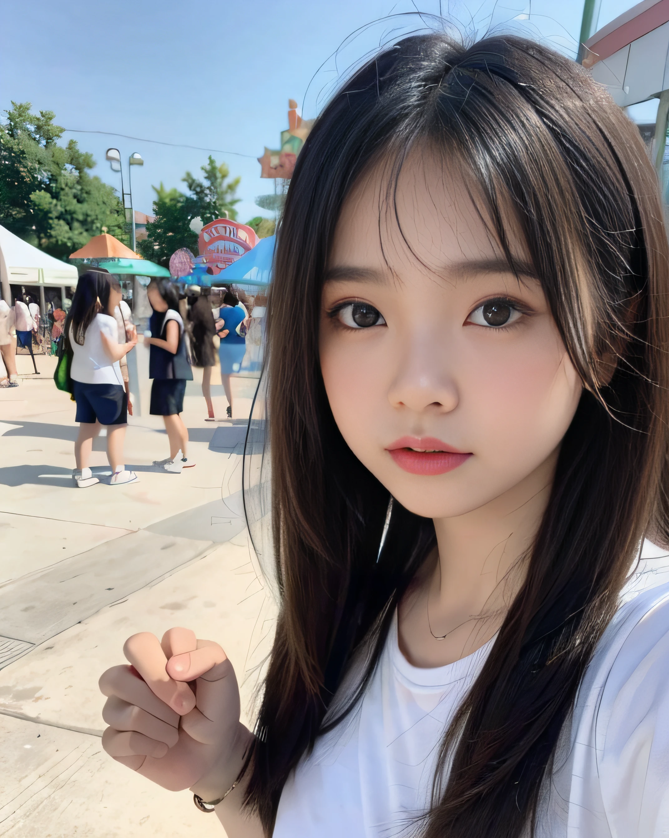 、a baby face、chri、Colossas、top-quality、超A high resolution、Photorealsitic、女の子1人、Huge breasts、looking at viewert、a closeup、Nasty eyes、embarassed face、An amusement park