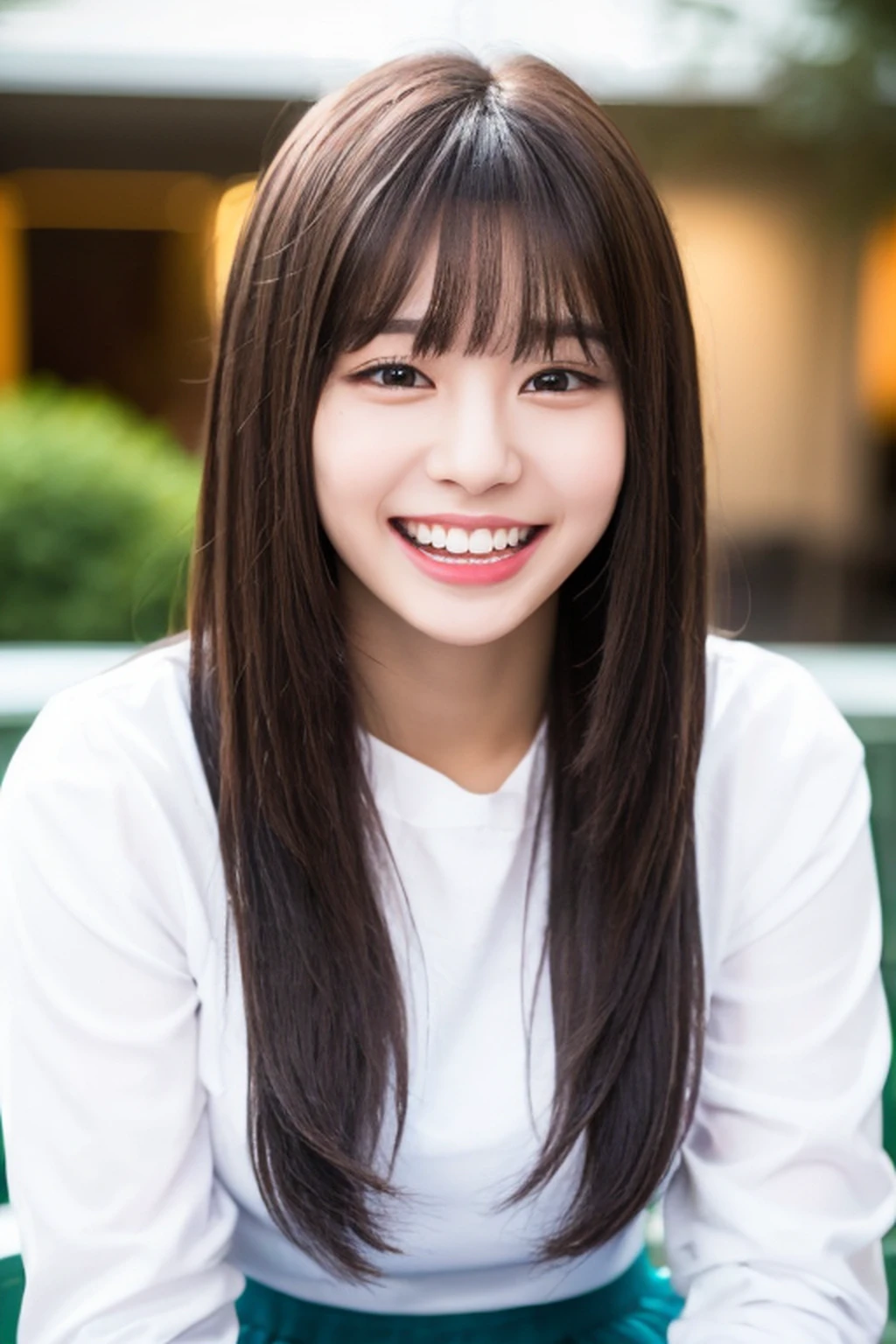 (kind to everyone:1.5)、(Smile happily:1.2)、(A teenage girl with a dazzling smile)、(Beautiful teeth alignment、Long bangs:1.2)、(8K、Raw photo、Background bokeh:1.3)、(Long sleeves in calm colors、long skirt:1.5)