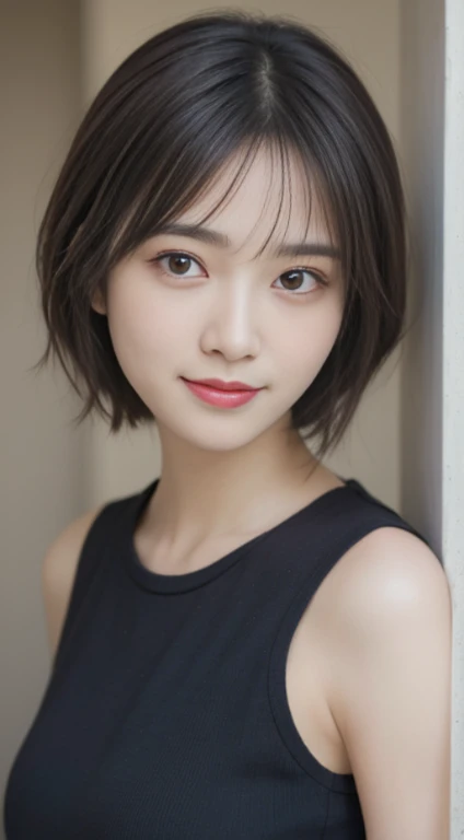 masutepiece, Best Quality, Illustration, Ultra-detailed, finely detail, hight resolution, 8K Wallpaper, Perfect dynamic composition, Beautiful detailed eyes, Women's Fashion,Very short hair,Small breasts natural color lip, Bold sexy poses,Smile,Harajuku、20 years girl、Cute、Sexy shot looking at camera