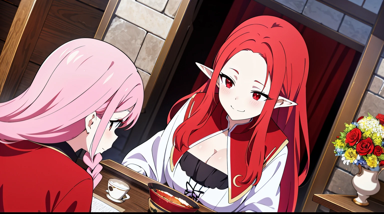 ((tmasterpiece:1.4, Best quality at best))+, (hyper-detailing)+, (Red eyes:1.5)+,(Meticulous ears:1.5), (cute girls), (Witch costume:1.5), Long hair details, Long braids on both sides, (wariza:1.2), pale-skinned, (red cloth:1.5), (white stockings:1.4), wine jugs, fresh flowers, lute,fish flocks,old castle,hang out, (A girl at a shrine:1.1), (dawn light:1.2), ), (closeup cleavage:1.1), (elevation:1.3), forehead jewel, Colored inner hair, Striped hair, Sad smile, gem branch, Red hair, first person perspective,the only person,looking-down
