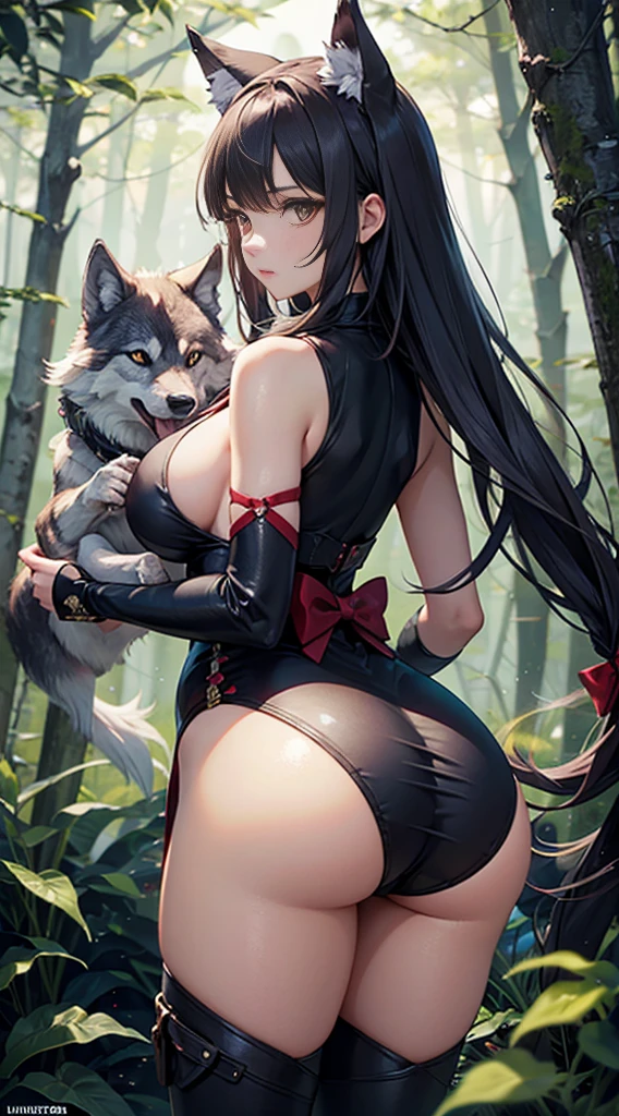 hunter girl with wolf,Twin-tailed,very large breast,Very big ass,Hunter's clothing,In the dark forest,High quality,Super Detail,super precision,Bloody,bow and arrow,