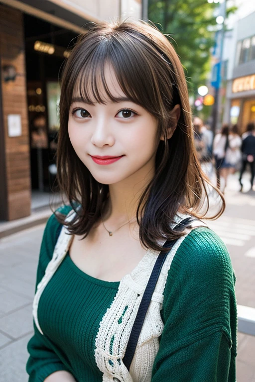 masutepiece, Best Quality, Naughty smile、Green clothes、randome pose、Bruises、Illustration, Ultra-detailed, finely detail, hight resolution, 8K Wallpaper, Perfect dynamic composition, Beautiful detailed eyes, knit,Medium Hair,Natural Color Lip、Bold sexy poses,Smile,Harajuku、20 years girl、Cute、Sexy shot looking at camera、C Cup、Brown hair