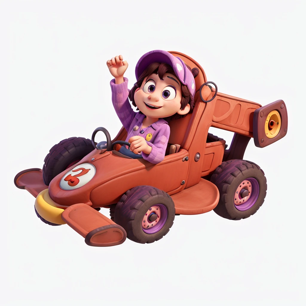 Purple car, children playing behind, Disney Pixar style, 3D, high quality, drawing.