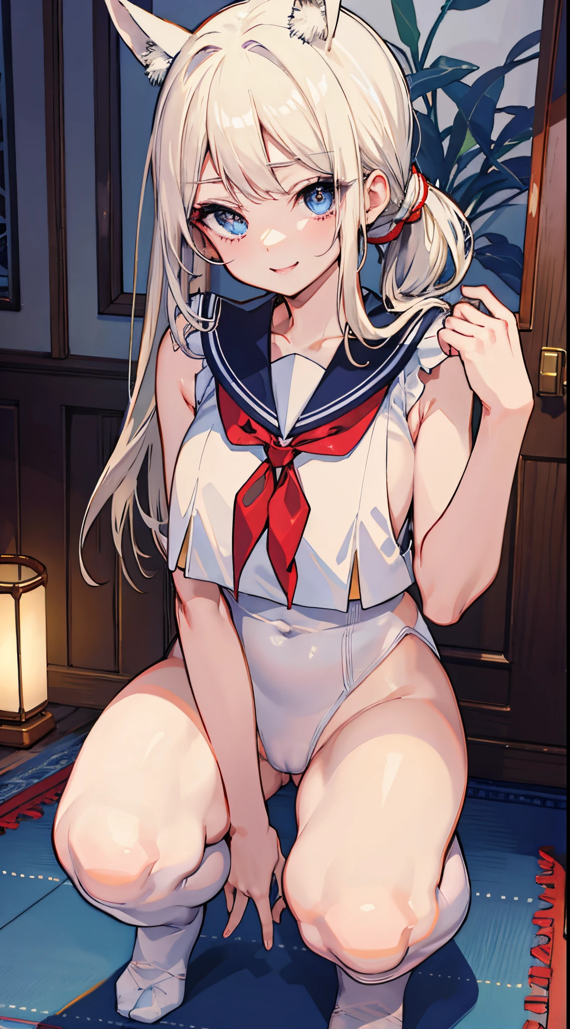 top-quality、realistic touch,high-detail、photoRealstic、long body、thin-waist、captive beauty、big eye、Strong platinum blonde eyelashes、platinum-blond、full body Esbian、Sparkling eyes、Submissive smile、Flushed cheeks、Kamimei、thin-waist、Voluptuous thighs、Enraptured look、Raked bangs、The forehead is protruding、a sailor suit、sleeveless、Inside a room、Put your hands behind your head and squat down with your legs wide apart、camel's toe、 girl、pony tail hairstyle