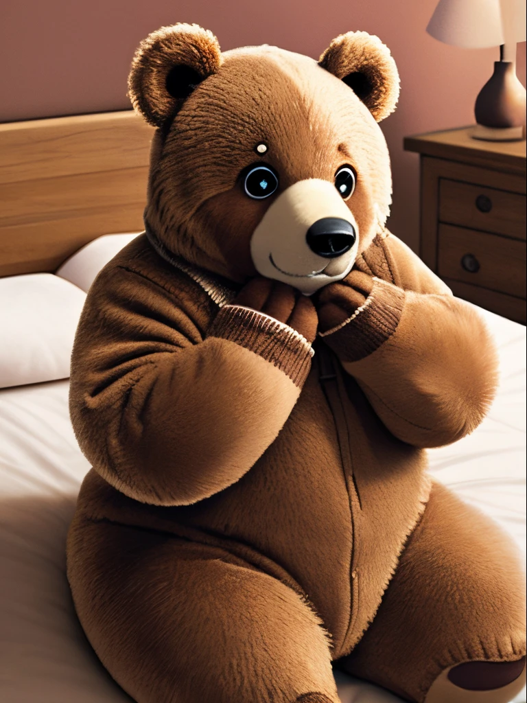 Realistic comic art, overall view of woman transformed into stuffed brown bear with big button eyes, large round white fluffy belly, large soft mitten-like hands, sitting down, touching face with both hands to make sure, stuffed face, asking for help, pink nightwear, bed on the bed