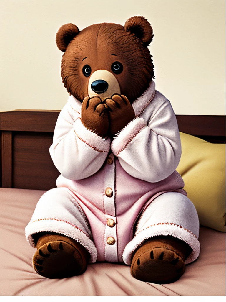 Realistic comic art, overall view of woman transformed into stuffed brown bear with big button eyes, large round white fluffy belly, large soft mitten-like hands, sitting down, touching face with both hands to make sure, stuffed face, asking for help, pink nightwear, bed on the bed