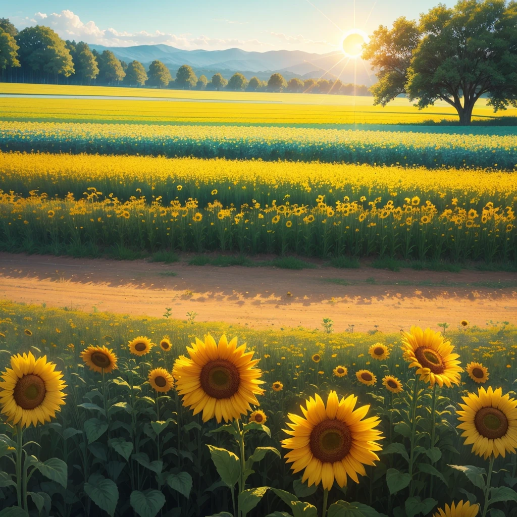 (a beautiful field,vibrant colors,a very beautiful summer,the sun shines in the distance)