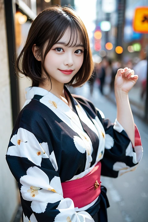 masutepiece, Best Quality, Naughty smile、Yukata、randome pose、Bruises、Illustration, Ultra-detailed, finely detail, hight resolution, 8K Wallpaper, Perfect dynamic composition, Beautiful detailed eyes, knit,Medium Hair,Natural Color Lip、Bold sexy poses,Smile,Harajuku、20 years girl、Cute、Sexy shot looking at camera、C Cup、Brown hair