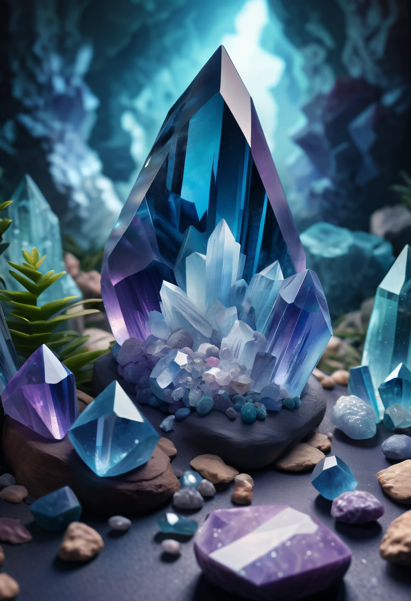 Brazilian Crystal Cave product pictures,desktop accessories,Weird Mineral Art,Crystal cave with stibnite crystals, tmasterpiece, (Very detailed CG unified 8k wallpaper), (Best quality), (Best Best Illustration), (The best shadow), Background fluorite crystals and associated mineral crystals , Enigmatic Atmosphere, Surrounded by exquisite treasures and mineral structures, (particle effect), isometric 3D, Octagonal rendering, ray traycing, ultra - detailed