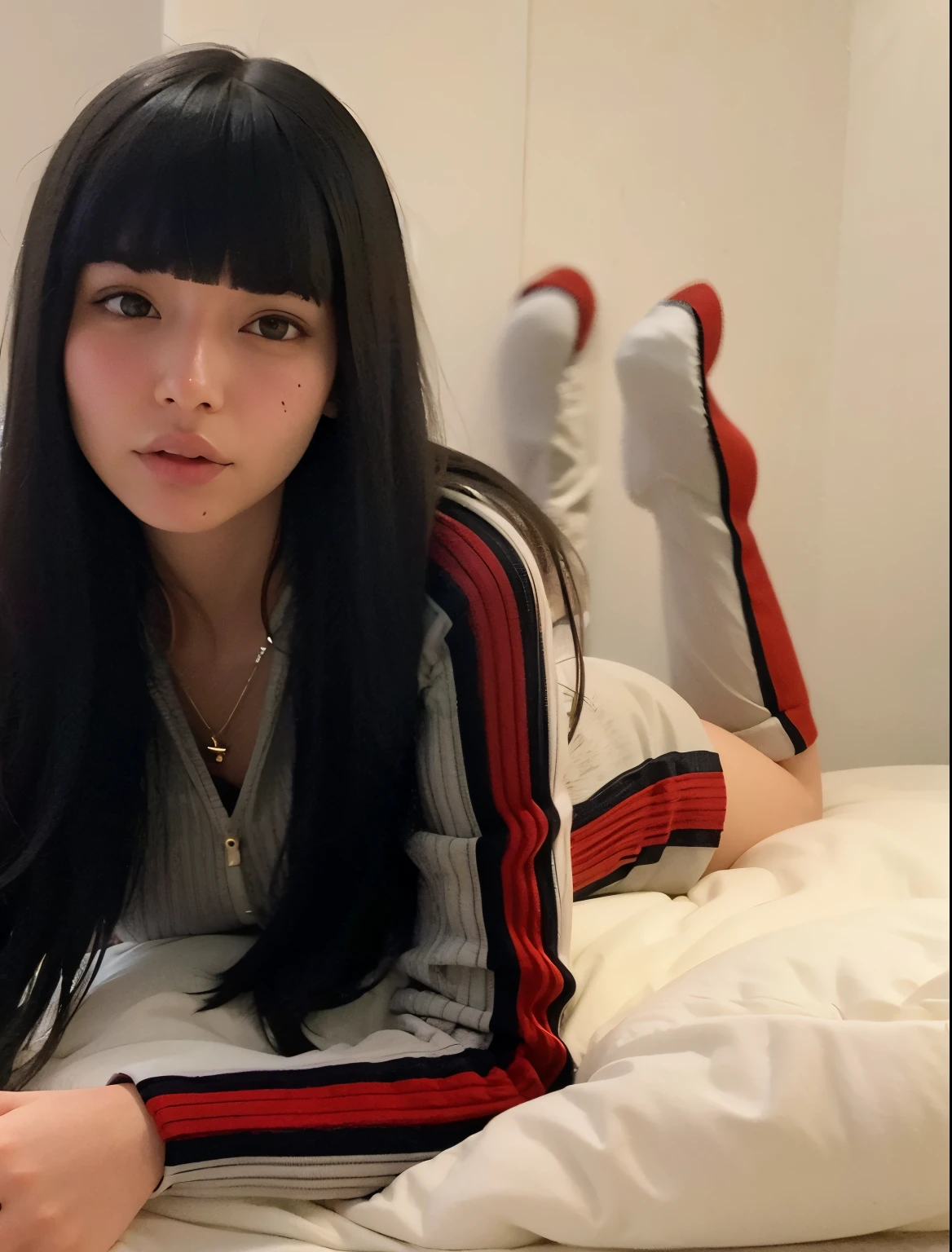 mulher arafed deitada em uma cama com um controle remoto, Ela tem cabelo preto com franja, Ulzzang, sentado na cama, sentada em sua cama, sentado em uma cama, Sui Ishida com cabelo preto, 🤤 retrato da , com franja completa, cabelo comprido com franja completa, sentado na beira da cama, cabelo preto e franja branca