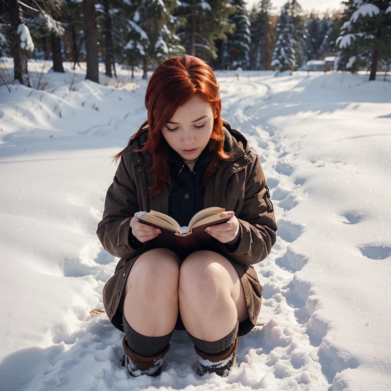 girl with red hair on the snow that is reading