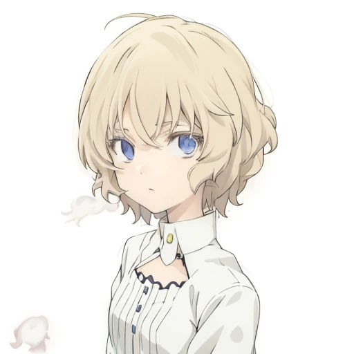 anime girl with blonde hair and blue eyes in white shirt, loli, sayori, in an anime style, pale young ghost girl, neferpitou, [[[[grinning evily]]]], with short hair, lolish, loli in dress, anime portrait of shiina ringo, anime style portrait, shikamimi, rin