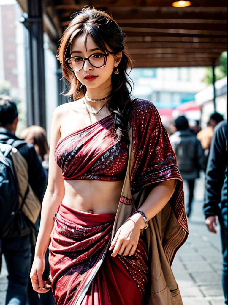 there a woman The Rock wearing indian male tradional dress walking with girl in red sari detailed, indian market, with a pair of glasses on, with glasses, reluvy5213, taken with canon eos 5 d, sexy :8, taken with canon 8 0 d, with glasses on, sakimichan