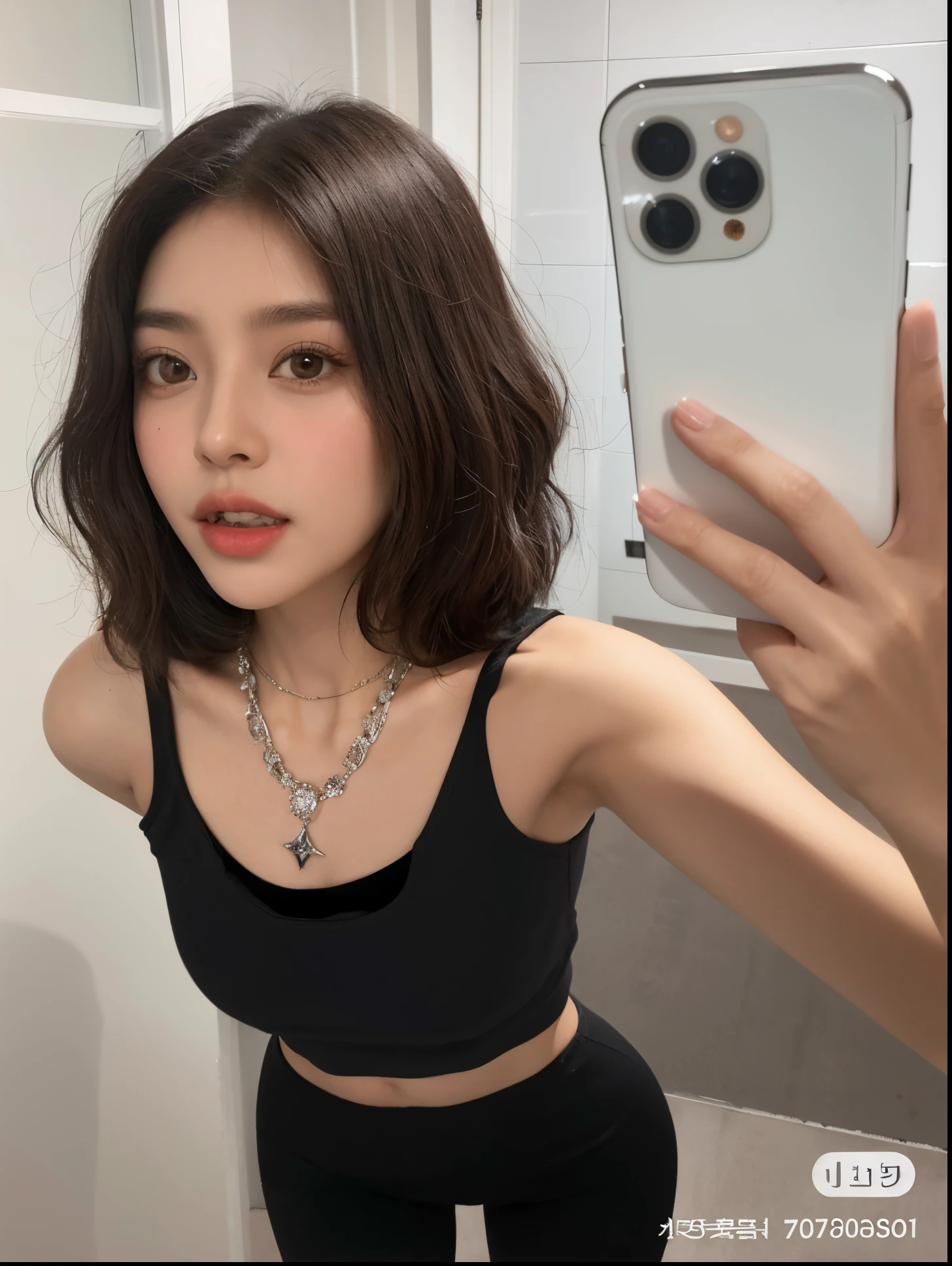 A close-up of a person taking a selfie in a mirror, con una camiseta sin mangas recortada negra, ella llevaba una camiseta sin mangas negra, con una camiseta sin mangas negra recortada, ulzzang, dilraba dilmurat, Hermosa joven coreana, Parte superior negra, con el pelo corto, Chica coreana, Foto de Slim Girl Model, 8k selfie photograph