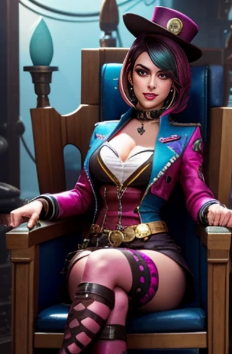 punk sorceress, sitting, wand, boots, fishnet stockings, mini skirt