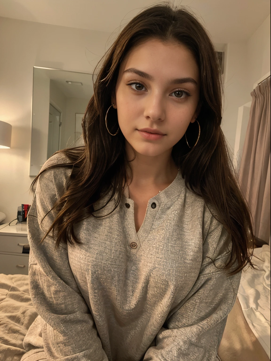 Photo of a 20 year old brunette woman, that has a very natural face, thin lips, thin eyes, thin eyebrows, thin nose, earrings, taking faceless selfie, in her bedroom, in Red sweatshirt, on her bed, with her blanket