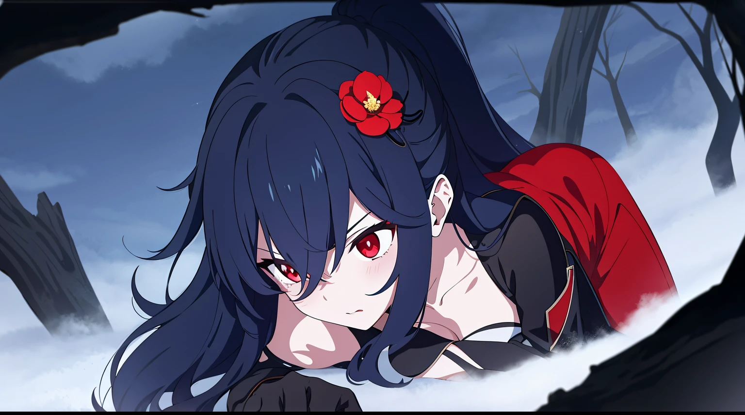((tmasterpiece:1.4, Best quality at best))+, (hyper-detailing)+, (exquisite red eye:1.5)+, (Detailed ears:1.5), (cute girls), (White undershirt,black long pants:1.5), Tight black silk, Very long hair, (red flower:1.2), pale-skinned, (red cloth:1.5), (Black Martin boots:1.4), town,There are dead trees around, ear nipple ring, dense fog,drifting snow, delicate legs, blue fluorescent butterfly,(born warrior:1.1), (dawn light:1.2), ), (closeup cleavage:1.1), the only person, Hairbell, dark-blue hair, hair covering one eye, V-shaped eyebrows, Gloom (Expressing the), from back, from the above, Best quality at best, A high resolution, high detal, high high quality, 16k