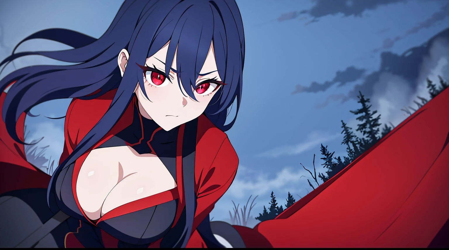 ((tmasterpiece:1.4, Best quality at best))+, (hyper-detailing)+, (exquisite red eye:1.5)+, (Detailed ears:1.5), (cute girls), (White undershirt,black long pants:1.5), Tight black silk, Very long hair, (red flower:1.2), pale-skinned, (red cloth:1.5), (Black Martin boots:1.4), town,There are dead trees around, ear nipple ring, dense fog,drifting snow, delicate legs, blue fluorescent butterfly,(born warrior:1.1), (dawn light:1.2), ), (closeup cleavage:1.1), the only person, Hairbell, dark-blue hair, hair covering one eye, V-shaped eyebrows, Gloom (Expressing the), from back, from the above, Best quality at best, A high resolution, high detal, high high quality, 16k