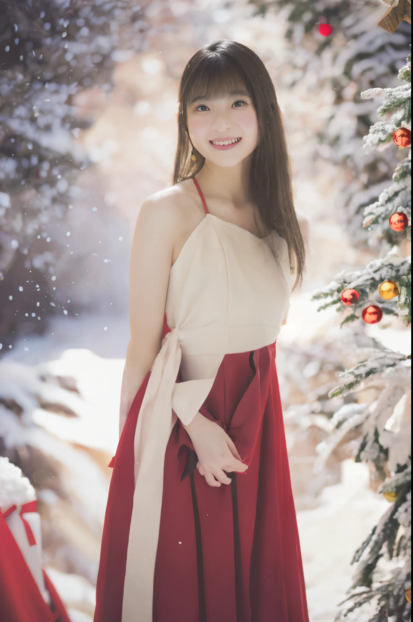 (girl in a beautiful red dress, Standing in front of a beautifully decorated Christmas tree),Illustration,Christmas,Fun atmosphere,Twinkling lights,soft snowflakes fall,Best Quality,4K,Ultra-detailed,Vibrant colors,pine scent,Cozy,romantic,Cheerful,breathtaking scenery,Warmth,Happiness,Magical,Holiday spirit,Winter wonderland,pure love and kindness.、off shoulders、I keep my hair up and short、a baby face、Shot from directly above、backs, (((realistic)))
