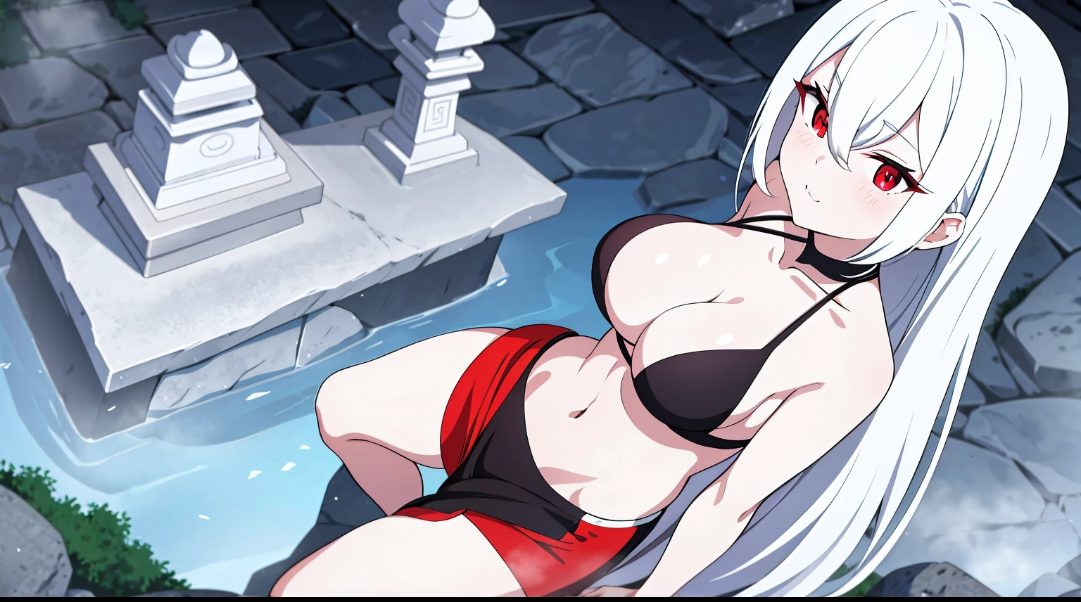 ((tmasterpiece:1.4, Best quality at best))+, (hyper-detailing)+, (exquisite red eye:1.5)+, (Detailed ears:1.5), (cute girls), (garments:1.5), Tight black silk, Very long hair, (Taijitu:1.2), pale-skinned, (white cloth:1.5), (cloth shoes:1.4), Taoist temple, High hills, stone statue, censer, dense fog, delicate legs, (Taoist:1.1), (dawn light:1.2), ), (closeup cleavage:1.1), the only person, Hairbell, White hair, hair covering one eye, V-shaped eyebrows, Gloom (have expressed), from back, from the above, Best quality at best, A high resolution, high detal, high high quality, 16k