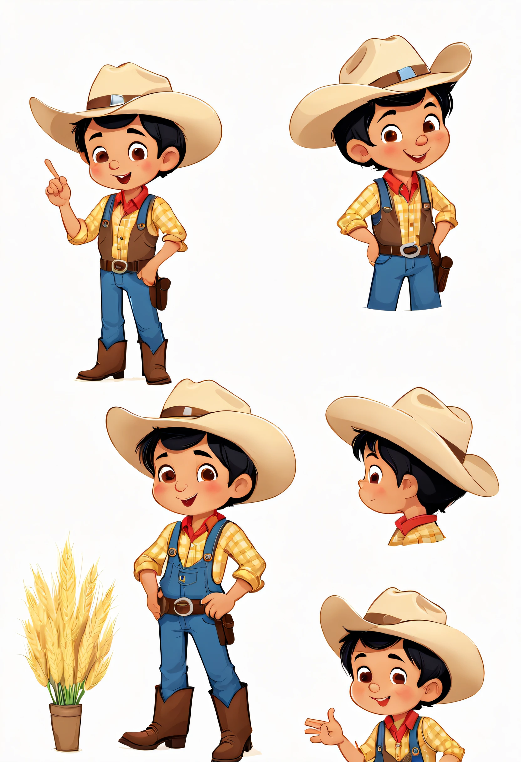 menino agricultor, multiples poses and expressions, fundo branco, Children's book illustration style, CIMPLO, fofo, 6 anos, CORES BRIHGT, cabelo preto curto, pele clara, roupas de fazendeiro, cowboy hat