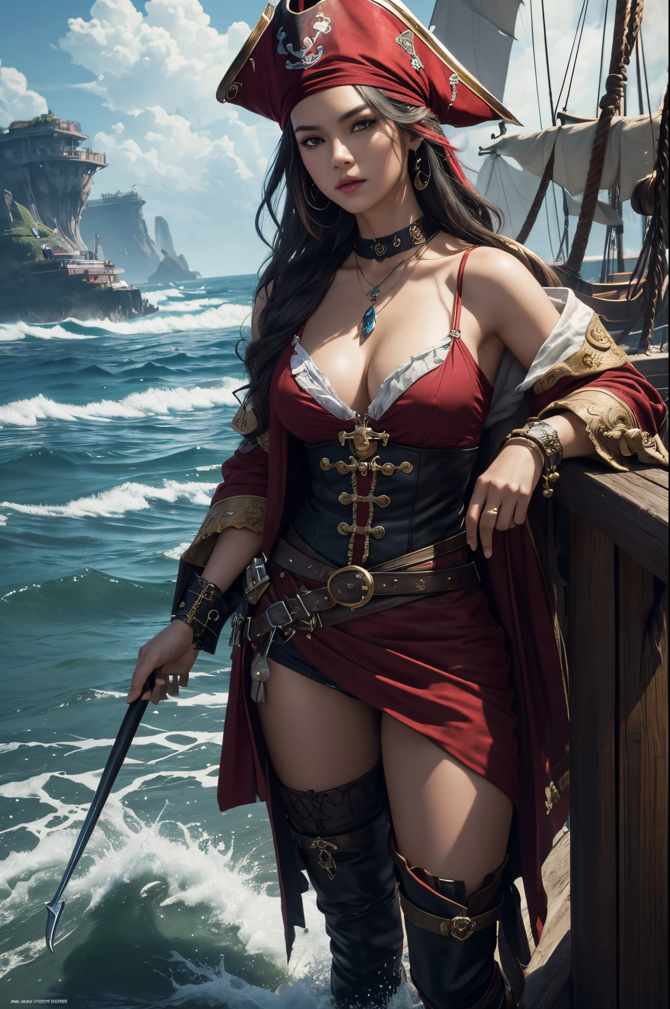 8K,(master piece, Interesting image of a pirate dressed in red tones、enchanting pirate..:1.3), (A captivating depiction of the perfect combination of charm and adventure..:1.2), (Meticulously crafted to highlight the captivating charm of the characters..:1.2), (A charming pirate wearing a charming pirate costume that makes his figure stand out...:1.1), (A balance between classic pirate elements and modern sensuality..:1.1), (her confident and brave look ::、Add to her mysterious charm..:1.1), (Also pay attention to the set contents..., From low necks to luxury accessories..:1.1), (The background captures the essence of the pirate world.., With treasures and tips of adventure:1.1), (While embracing sensuality..、 depiction, interest and adventure.:1.1), (A combination of charming aesthetics and the spirit of piracy 、Create visually appealing elements:1.1), (This image or viewers、Let us imagine the stories and escapades of this charming pirate character。..:1.1), (A work of art that celebrates both imagination and charm in a vibrant and captivating way..:1.1), (An invitation to the glamor of the high seas and the fascinating world of pirates..:1.1)), movie, ultra-detailliert, Insane details, beautiful gradation color, graden , hypercypte, Megapixel,Anti-aliasing, nffsw, NBTC's.., Egat.., S., post processed, Post Production, Tone Mapping, ....CGI, VFX, tokusatsu, Detailed and Intricicated, Hyper Maxim, super, Volumetric, photorealistic portrait, ultra photoreal, ultra-detailliert, intricate-detail, super detailed, fulcolor, Volumetric lightning, Egat.., Realistic, Unreal Engine, 11, Crisp focus, octanerender,