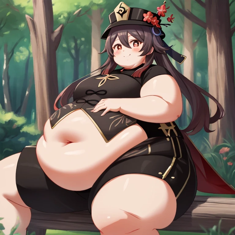 extremely detailed CG, high resolution, best quality, masterpiece, (bishoujo:1.3), (game cg), obese hutaodef, smile, forest,  obese belly, obese thick thighs, obese arms, big cheeks, obese neck, small chests