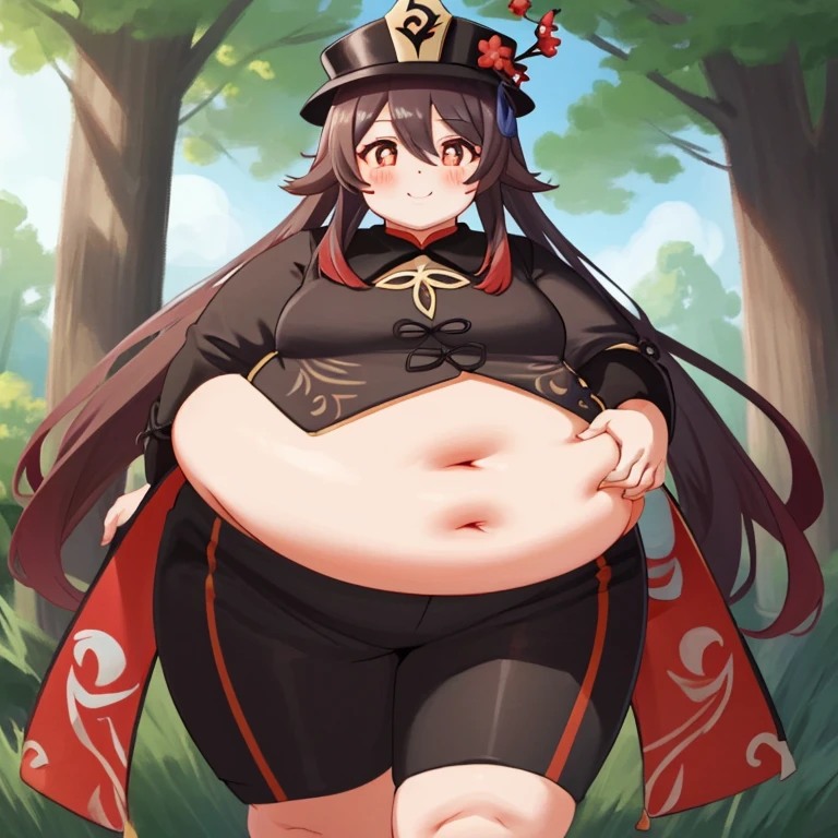 extremely detailed CG, high resolution, best quality, masterpiece, (bishoujo:1.3), (game cg), obese hutaodef, smile, forest,  obese belly, obese thick thighs, obese arms, big cheeks, obese neck, small chests