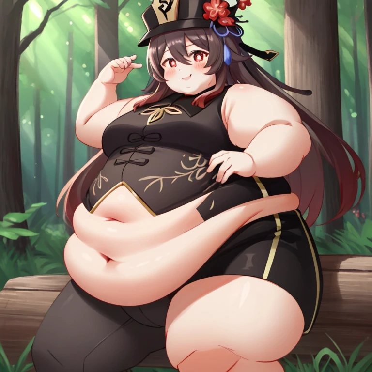 extremely detailed CG, high resolution, best quality, masterpiece, (bishoujo:1.3), (game cg), obese hutaodef, smile, forest, obese belly, obese thick thighs, obese arms, big cheeks, obese neck, small chests