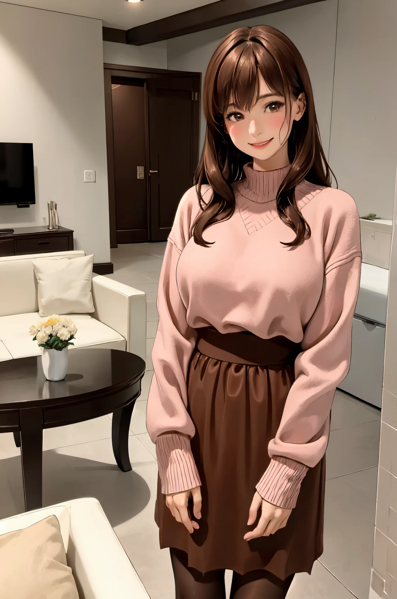 1lady standing, /(oversized sweater/) v-neck, /(brown hair/) bangs, blush kind smile, (masterpiece best quality:1.2) delicate illustration ultra-detailed, large breasts pantyhose BREAK /(modern house living room/) indoors